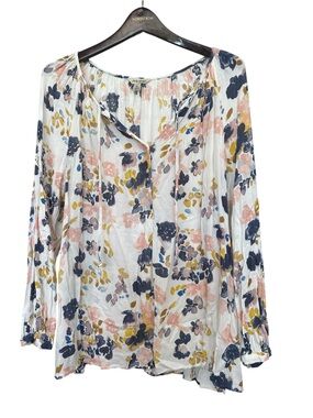 Lucky Brand White Floral Peasant Blouse in Navy, Blush & Mustard